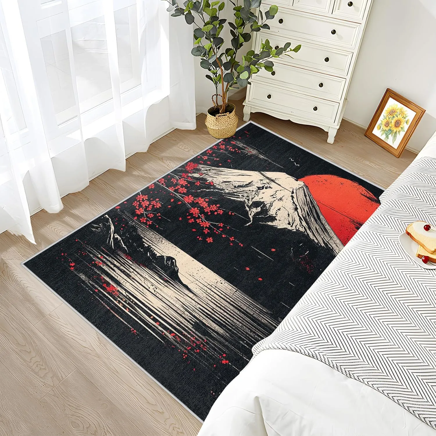 Japanese Rug 5x7-4x6 Rug - Japanese Rug - Japan Mount Fuji Landscape Area Rug - Sun and Mountain Rugs - Black and Red Carpet - Home Decor
