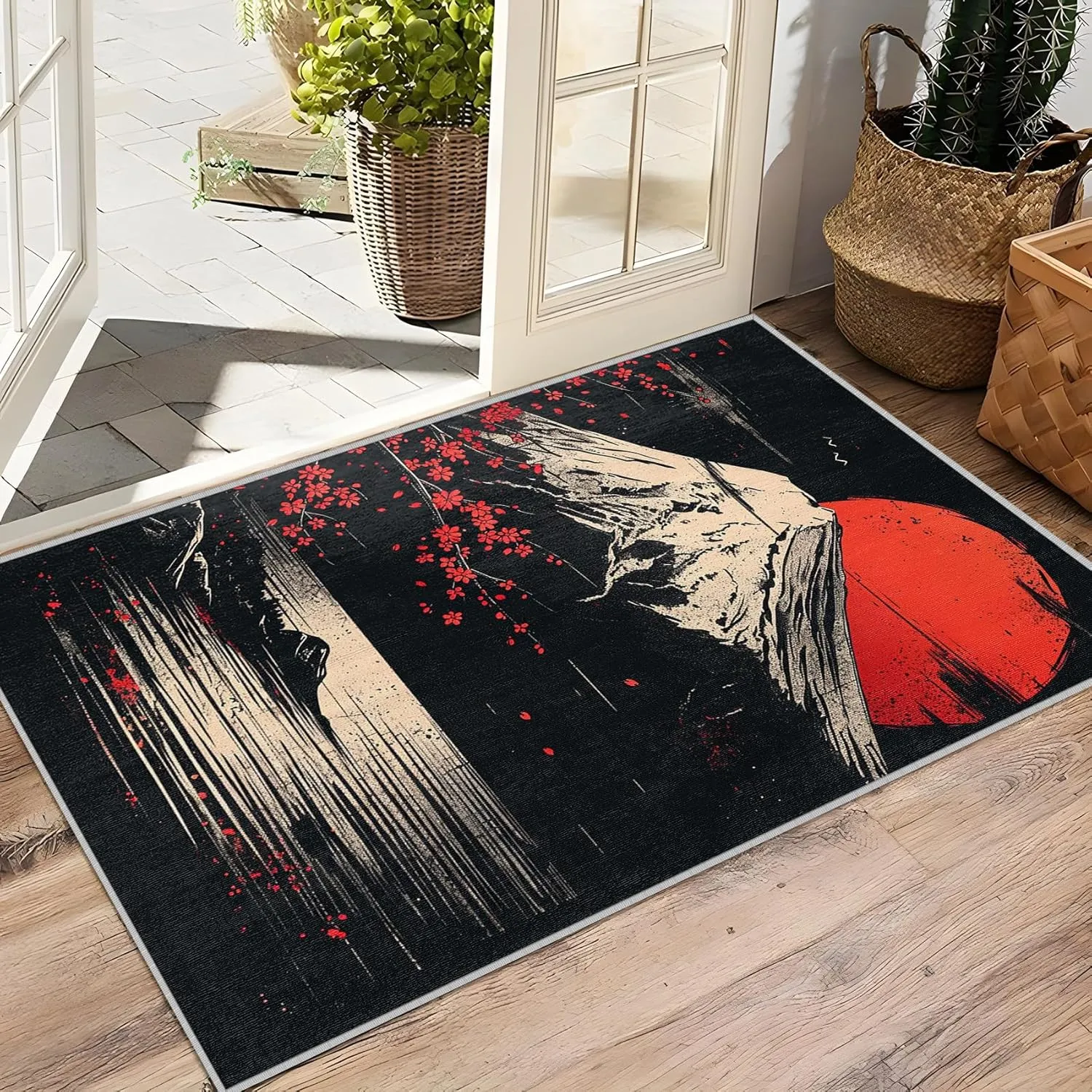 Japanese Rug 5x7-4x6 Rug - Japanese Rug - Japan Mount Fuji Landscape Area Rug - Sun and Mountain Rugs - Black and Red Carpet - Home Decor