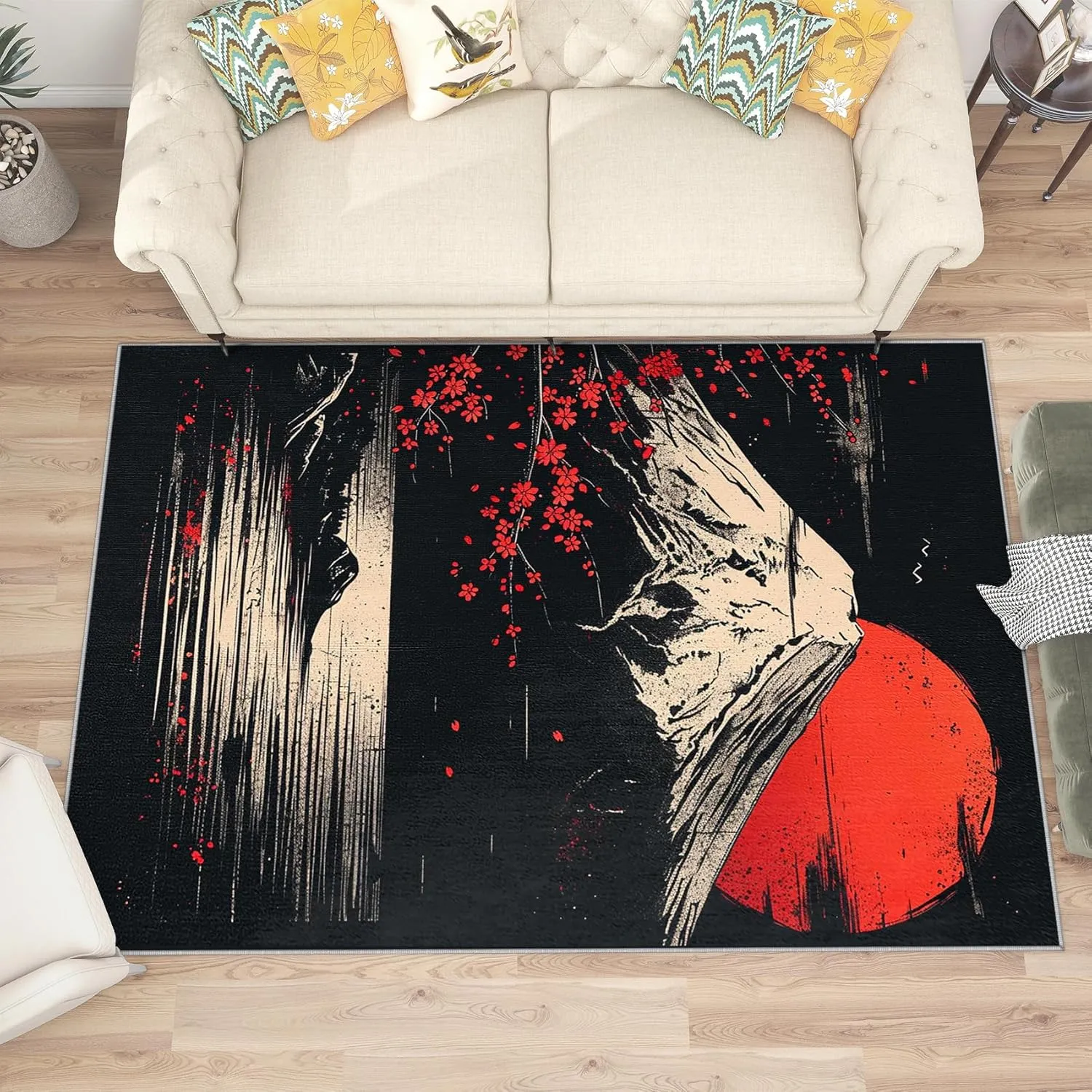 Japanese Rug 5x7-4x6 Rug - Japanese Rug - Japan Mount Fuji Landscape Area Rug - Sun and Mountain Rugs - Black and Red Carpet - Home Decor