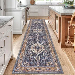 KOZYFLY Long Runners for Hallways 2.6x10 Ft Washable Kitchen Boho Runner Rug for Entryway Indoor Gold Navy Printed Faux Wool Stair Runner Floor Carpet Runner for Stair Kitchen Hall