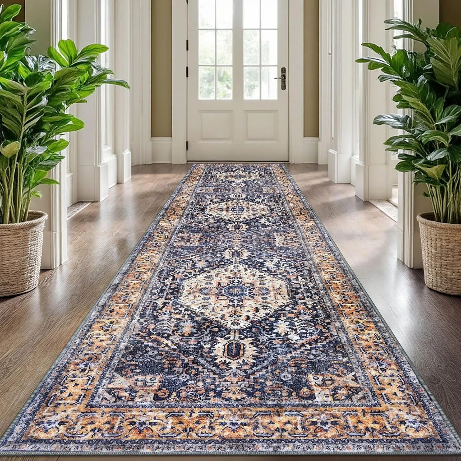 KOZYFLY Long Runners for Hallways 2.6x10 Ft Washable Kitchen Boho Runner Rug for Entryway Indoor Gold Navy Printed Faux Wool Stair Runner Floor Carpet Runner for Stair Kitchen Hall
