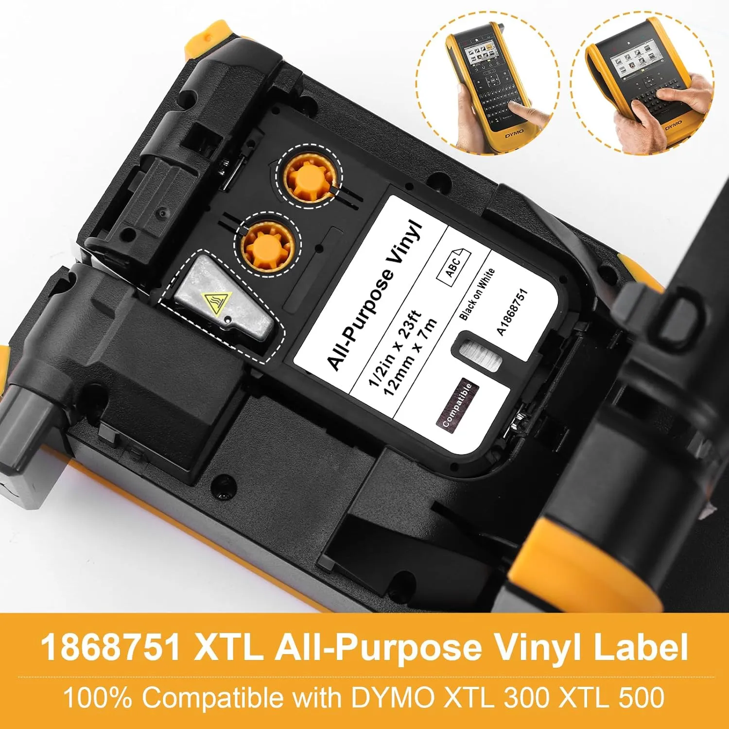 Label KINGDOM Compatible with DYMO XTL Labels 1868751 All-Purpose Vinyl Labels 1/2" for DYMO XTL Label Makers XTL 300 XTL 500, Black on White 1/2 Inch x 23 Feet (12mm x 7m)