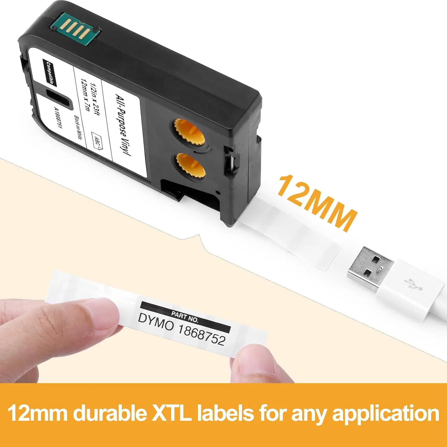 Label KINGDOM Compatible with DYMO XTL Labels 1868751 All-Purpose Vinyl Labels 1/2" for DYMO XTL Label Makers XTL 300 XTL 500, Black on White 1/2 Inch x 23 Feet (12mm x 7m)