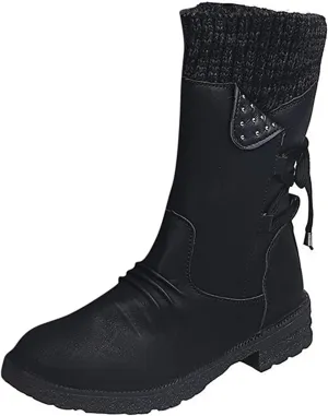 Ladmiple Ankle Boots Women Comfort Mid Calf Riding Winter Boots Side Zipper Low Heel Motorcycle Combat Military Biker Western Booties