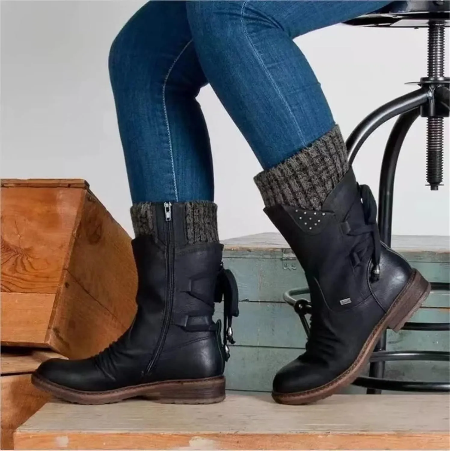 Ladmiple Ankle Boots Women Comfort Mid Calf Riding Winter Boots Side Zipper Low Heel Motorcycle Combat Military Biker Western Booties
