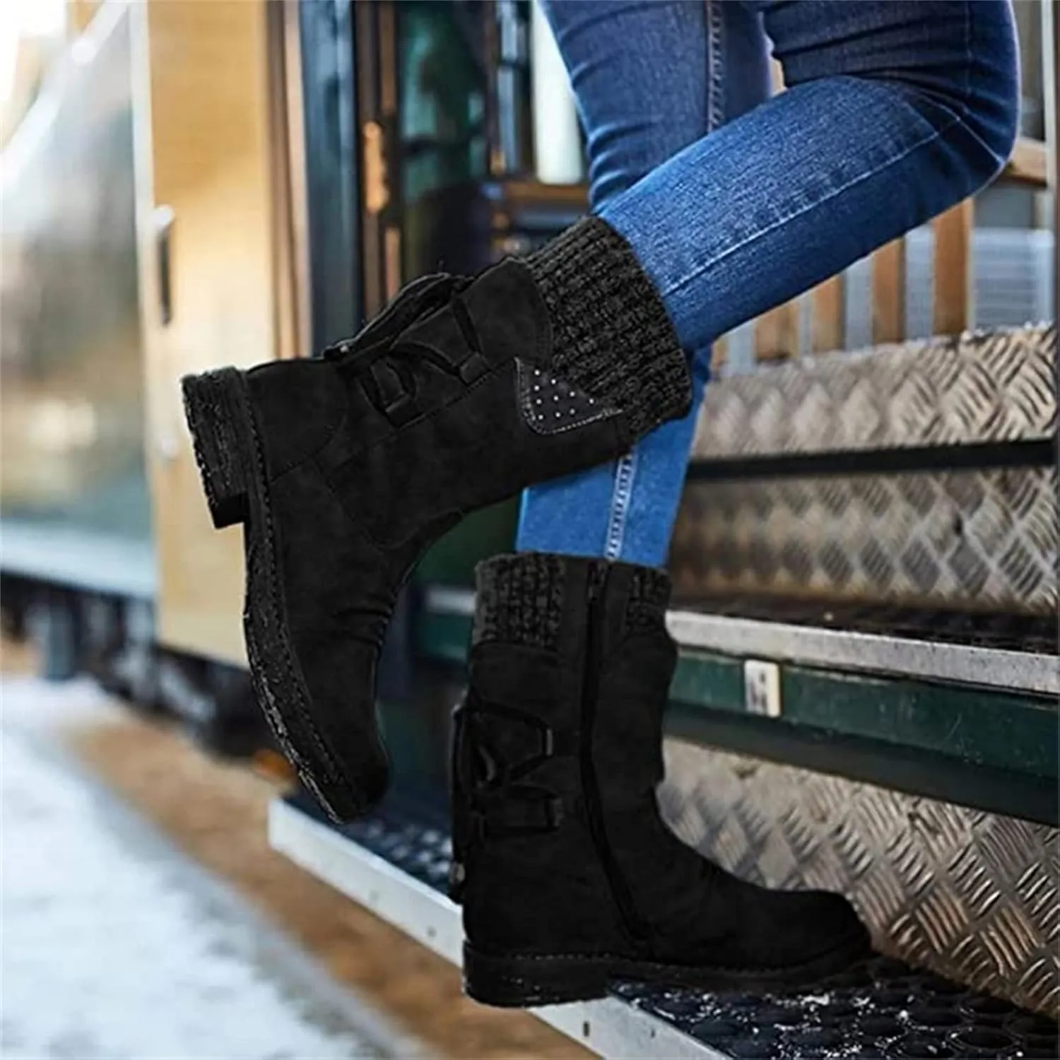 Ladmiple Ankle Boots Women Comfort Mid Calf Riding Winter Boots Side Zipper Low Heel Motorcycle Combat Military Biker Western Booties