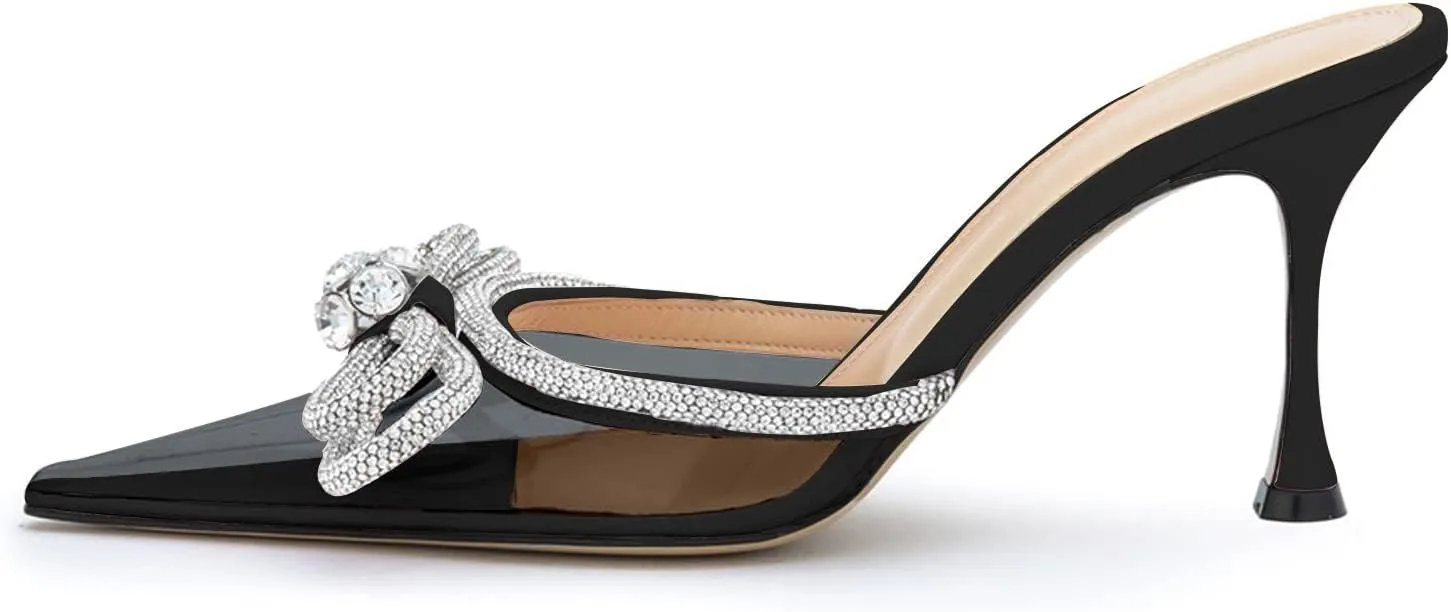 LauraVicci Women High Heeled Clear Mules Double Bow Heels Rhinestone Embellished Crystal Pointy Toe Sandals Stiletto Shoes Summer Bridal Shoes Black Size 13