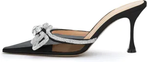 LauraVicci Women High Heeled Clear Mules Double Bow Heels Rhinestone Embellished Crystal Pointy Toe Sandals Stiletto Shoes Summer Bridal Shoes Black Size 13