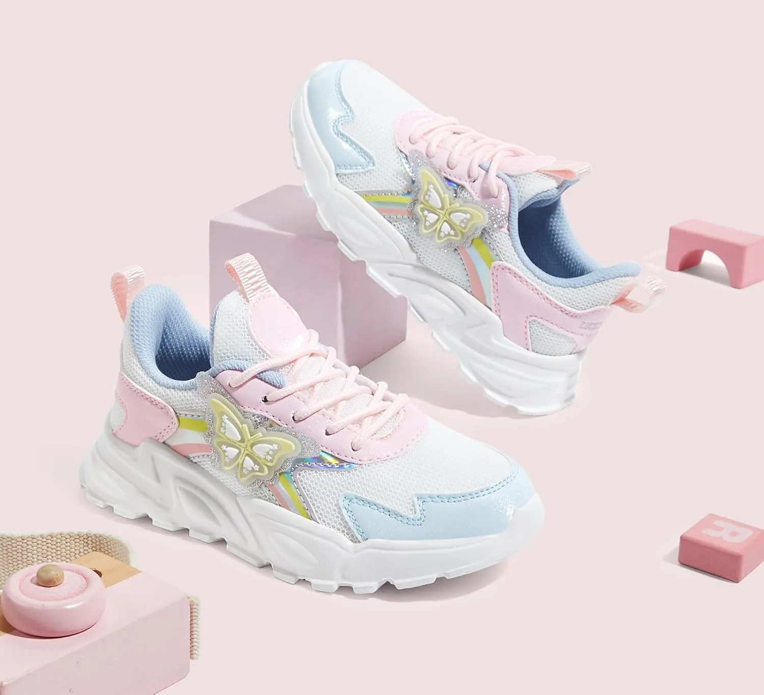 LUCKY STEP Girls Kid's Butterfly Running Sneaker Tennis Sparkle Mesh Athletic School Gym Lace-up Walking Shoes for Toddler/Little Kid/Big Kid