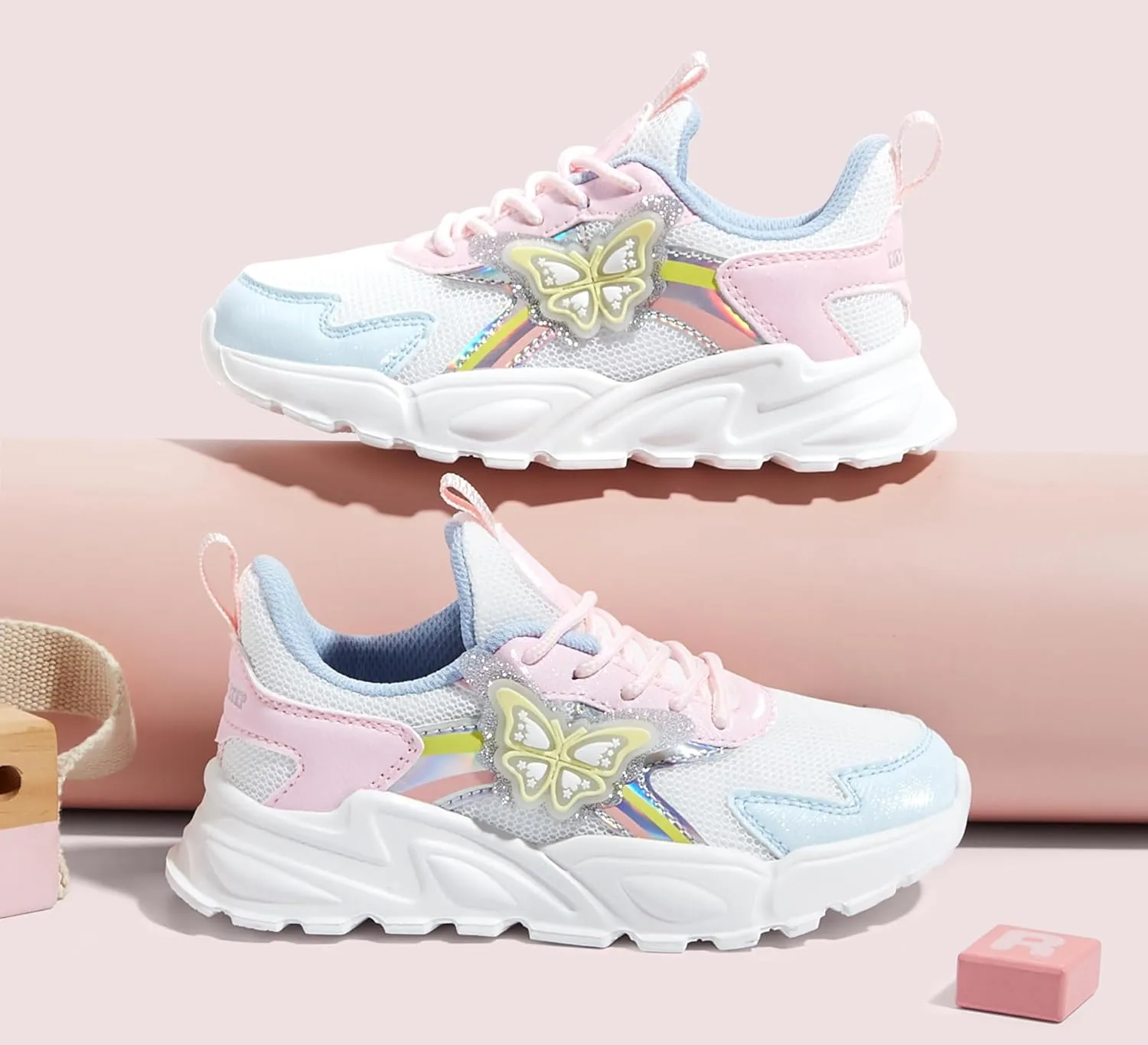 LUCKY STEP Girls Kid's Butterfly Running Sneaker Tennis Sparkle Mesh Athletic School Gym Lace-up Walking Shoes for Toddler/Little Kid/Big Kid