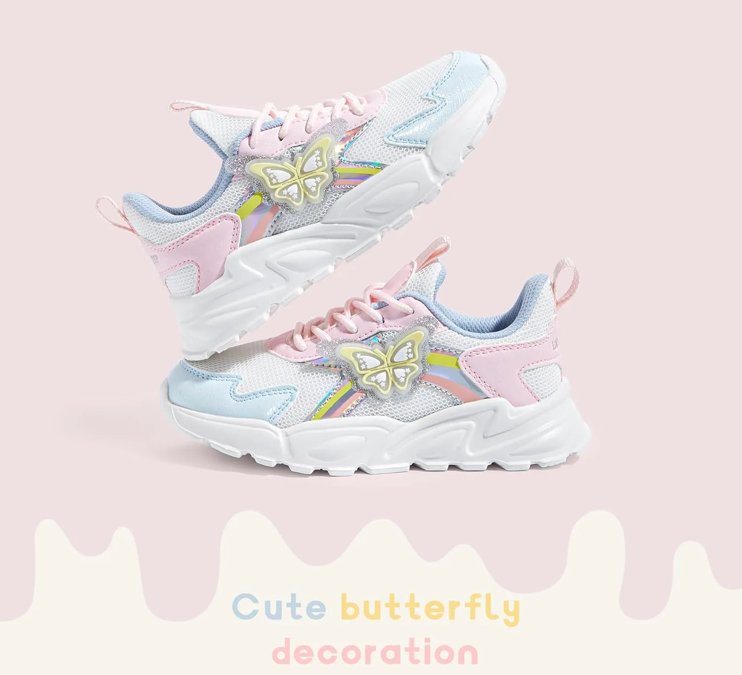 LUCKY STEP Girls Kid's Butterfly Running Sneaker Tennis Sparkle Mesh Athletic School Gym Lace-up Walking Shoes for Toddler/Little Kid/Big Kid