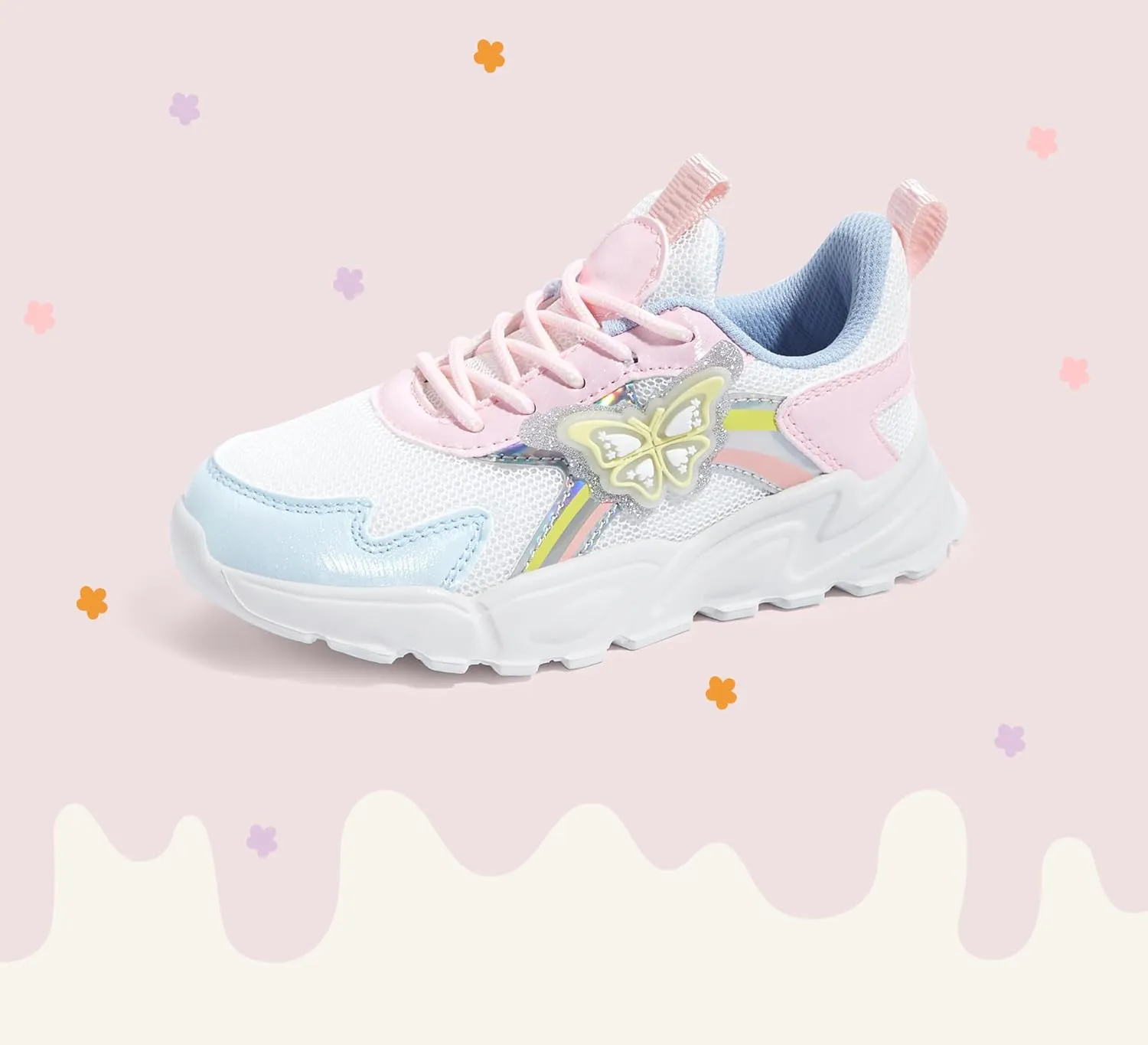 LUCKY STEP Girls Kid's Butterfly Running Sneaker Tennis Sparkle Mesh Athletic School Gym Lace-up Walking Shoes for Toddler/Little Kid/Big Kid