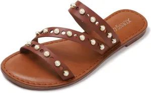 Lymphvity Women's Rivet Flat Slide Sandals Open Toe Studded Slip-on Strapy Flat Sandals for Summer Comfort Memory Foam Non-Slip Beach Shoes