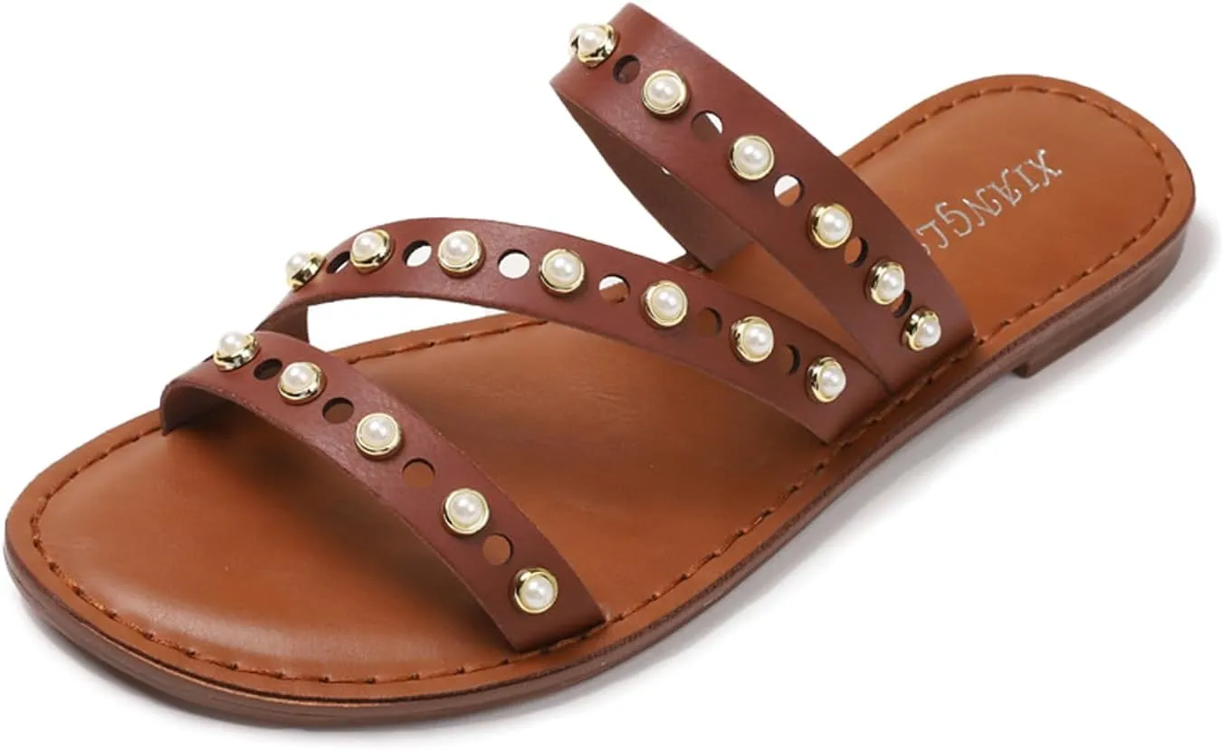 Lymphvity Women's Rivet Flat Slide Sandals Open Toe Studded Slip-on Strapy Flat Sandals for Summer Comfort Memory Foam Non-Slip Beach Shoes
