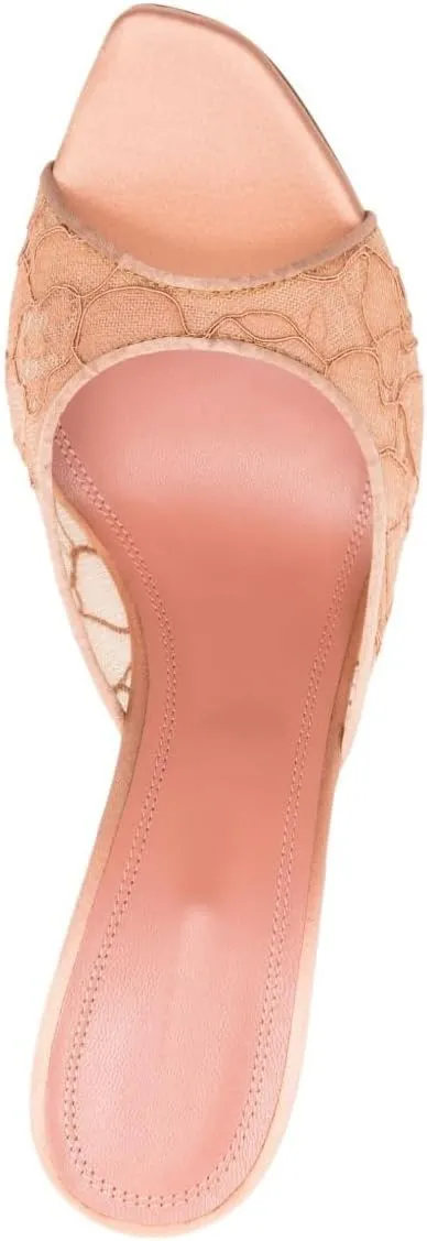 Mesh Heels Mules for Women Peep Open Toe Backless Stiletto Heel Sandals Party Dress Slip-on Lace Heeled Mule