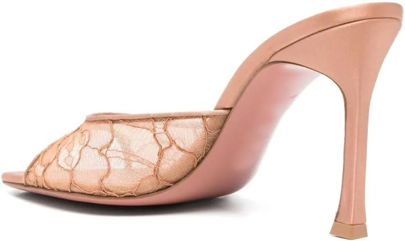 Mesh Heels Mules for Women Peep Open Toe Backless Stiletto Heel Sandals Party Dress Slip-on Lace Heeled Mule