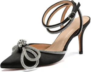 mikarka Women's Bowknot Rhinestone Stilettos Heels Pumps, Ankle Strap Satin Pointed Wedding Bride Bridesmaid Dressy Heeled Shoes Sandals