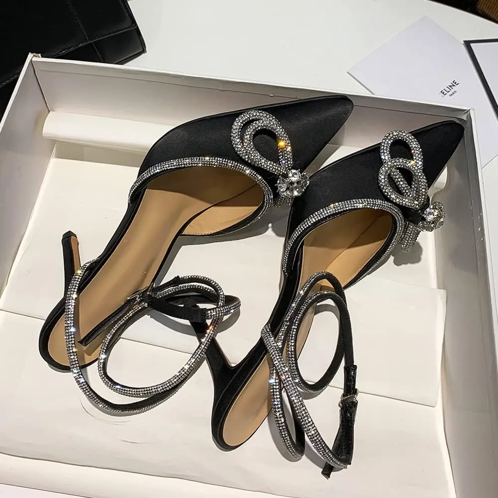 mikarka Women's Bowknot Rhinestone Stilettos Heels Pumps, Ankle Strap Satin Pointed Wedding Bride Bridesmaid Dressy Heeled Shoes Sandals