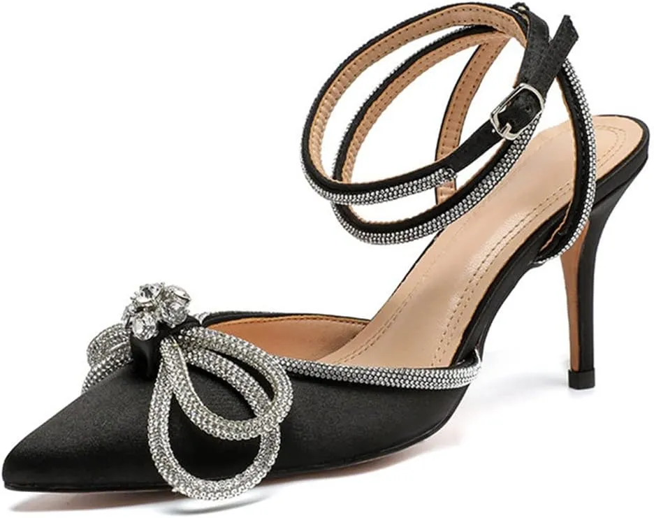 mikarka Women's Bowknot Rhinestone Stilettos Heels Pumps, Ankle Strap Satin Pointed Wedding Bride Bridesmaid Dressy Heeled Shoes Sandals