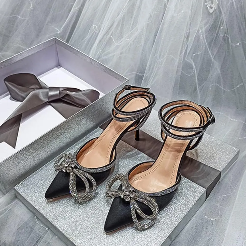 mikarka Women's Bowknot Rhinestone Stilettos Heels Pumps, Ankle Strap Satin Pointed Wedding Bride Bridesmaid Dressy Heeled Shoes Sandals