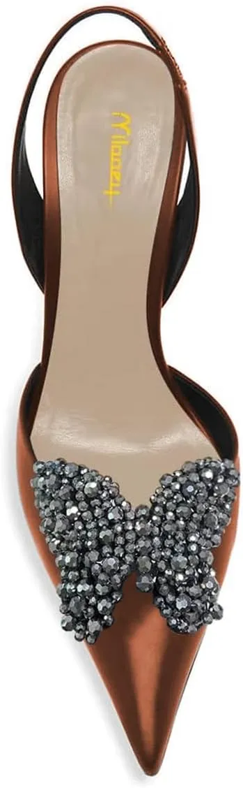 Milooey shoes Women Closed Pointed Toe Slip On Sandal Chic Rhinestone Butterfly Slingbacks Sexy Block High Heel Pump Party Prom Dress Shoes Size 4-16 Us