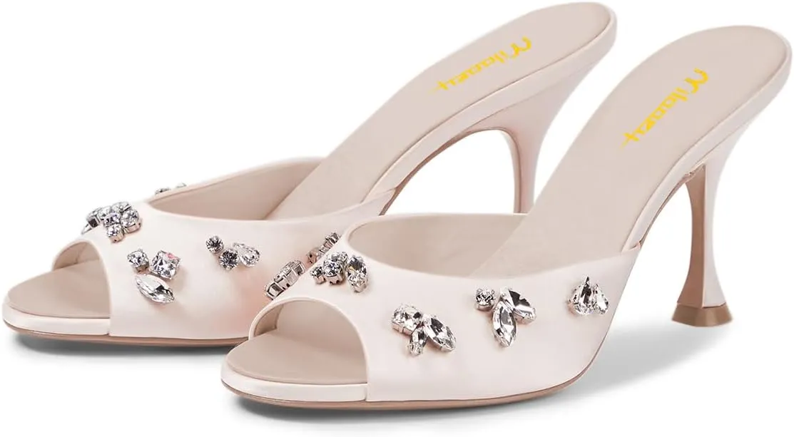 Milooey shoes Women's Peep Toe Stiletto Mules Glitter Rhinestone Studded Heeled Sandals High Heels Slides Backless Dressy Slipper Wedding Party Shoes Size 4-16 US