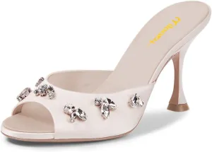 Milooey shoes Women's Peep Toe Stiletto Mules Glitter Rhinestone Studded Heeled Sandals High Heels Slides Backless Dressy Slipper Wedding Party Shoes Size 4-16 US