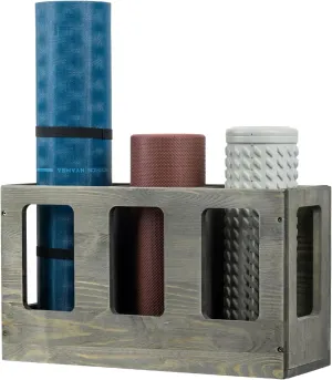 MyGift Wall Mounted Vintage Gray Solid Wood Yoga Mat Holder Fitness Gym Foam Roller Storage Organizer, Floor Standing Sports Exercise Mat Rack