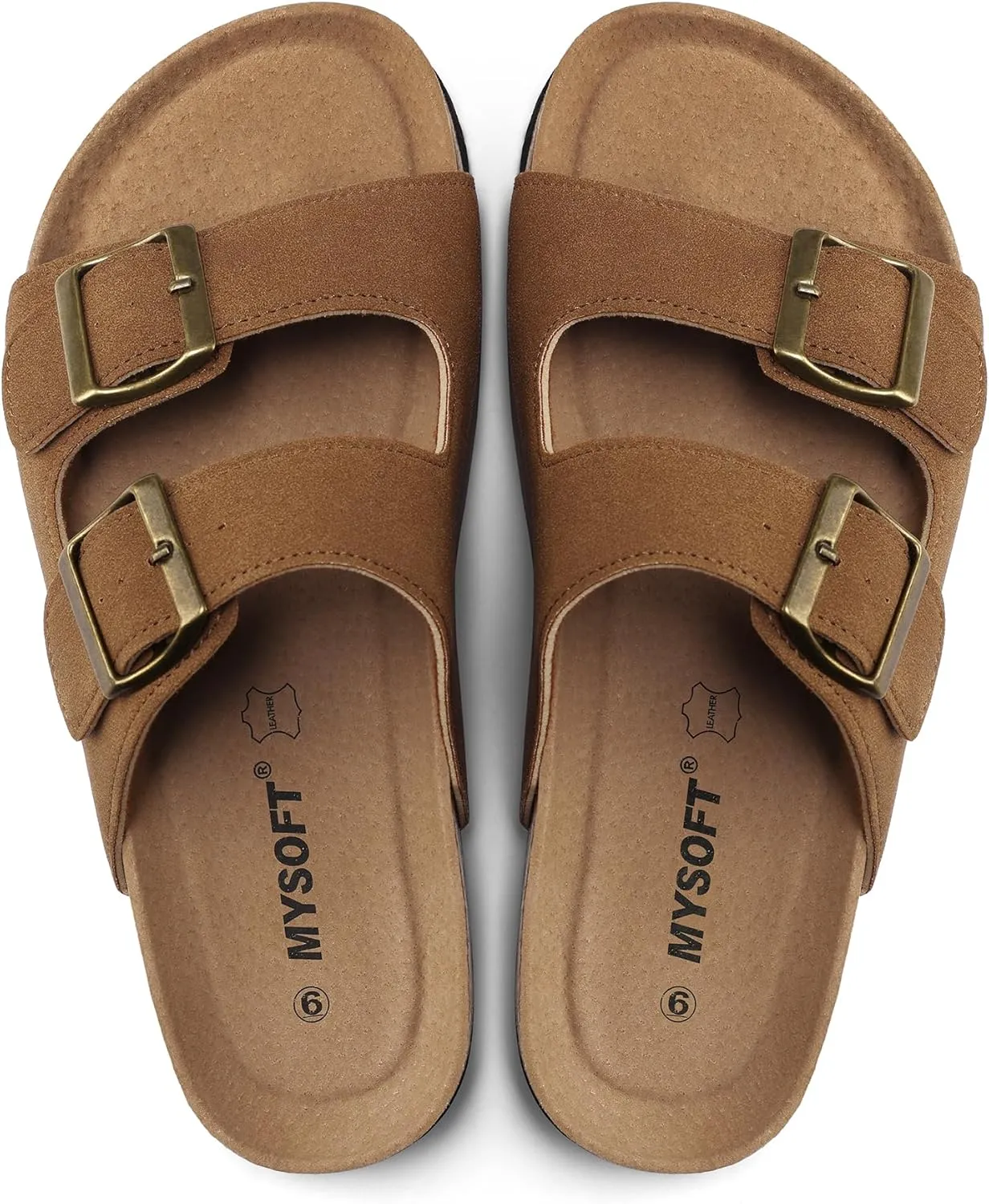 mysoft Womens Flat Sandals Cork Footbed Slides 2 Straps Adjustable Buckle Slip On Summer with  Comfort Shoes
