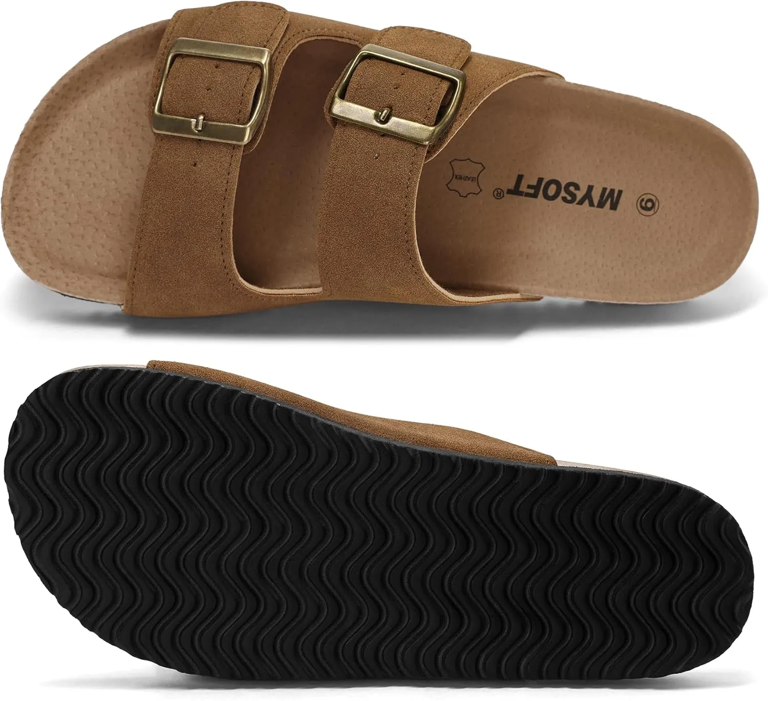 mysoft Womens Flat Sandals Cork Footbed Slides 2 Straps Adjustable Buckle Slip On Summer with  Comfort Shoes