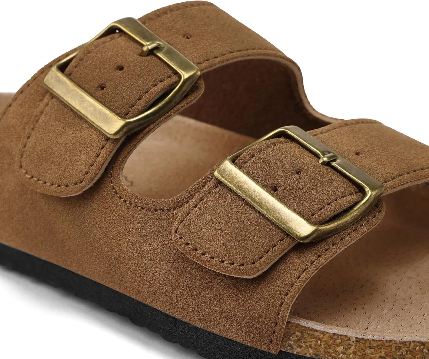 mysoft Womens Flat Sandals Cork Footbed Slides 2 Straps Adjustable Buckle Slip On Summer with  Comfort Shoes