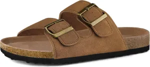 mysoft Womens Flat Sandals Cork Footbed Slides 2 Straps Adjustable Buckle Slip On Summer with  Comfort Shoes