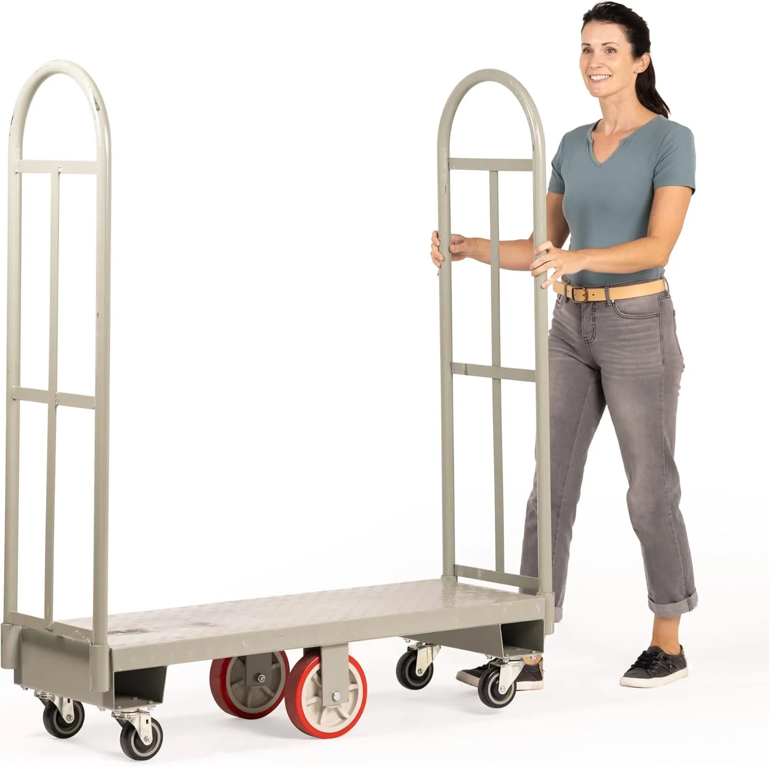Narrow Aisle U-Boat Platform Truck Dolly. 16 x 48 Inch Heavy Duty Utility Cart. Thick Steel Deck. Premium Hand Truck. Hold Loads Up to 2,000 Pounds. Hand Cart with Dual Removable Handles