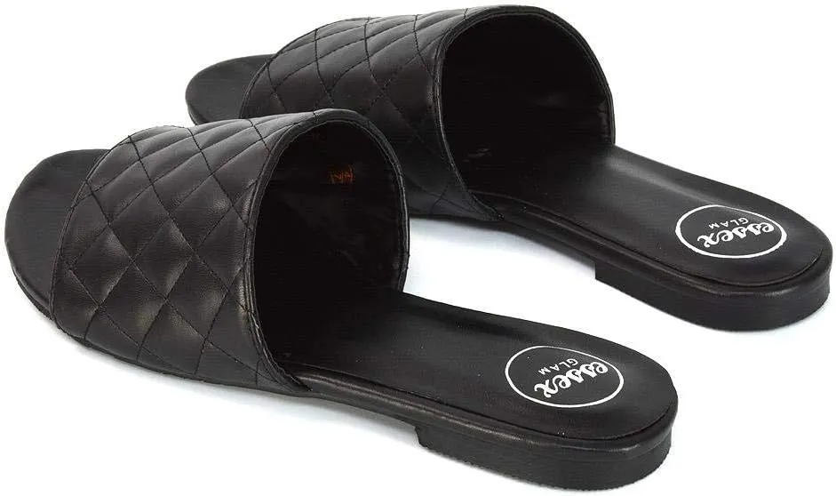 New Womens Quilted Flat Slider Ladies Summer Holiday Slip On Flat Mule Sandals Size 5-10