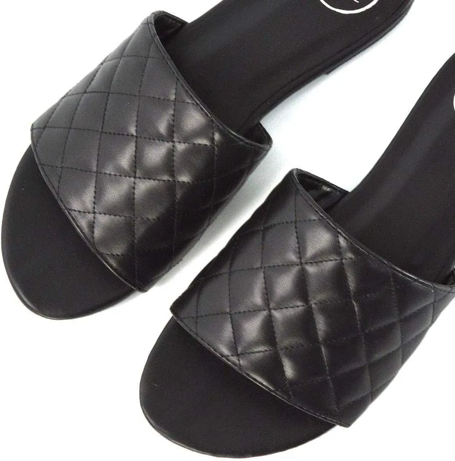 New Womens Quilted Flat Slider Ladies Summer Holiday Slip On Flat Mule Sandals Size 5-10