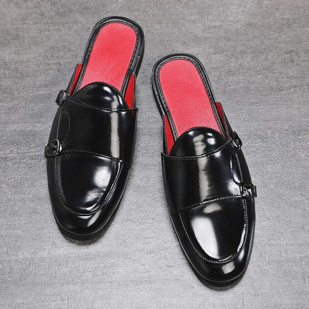 NXY Men's Mule Loafer Leather Backless Gold Buckle Casual Dress Slippers Flat Slip on Slide Penny Loafers Black