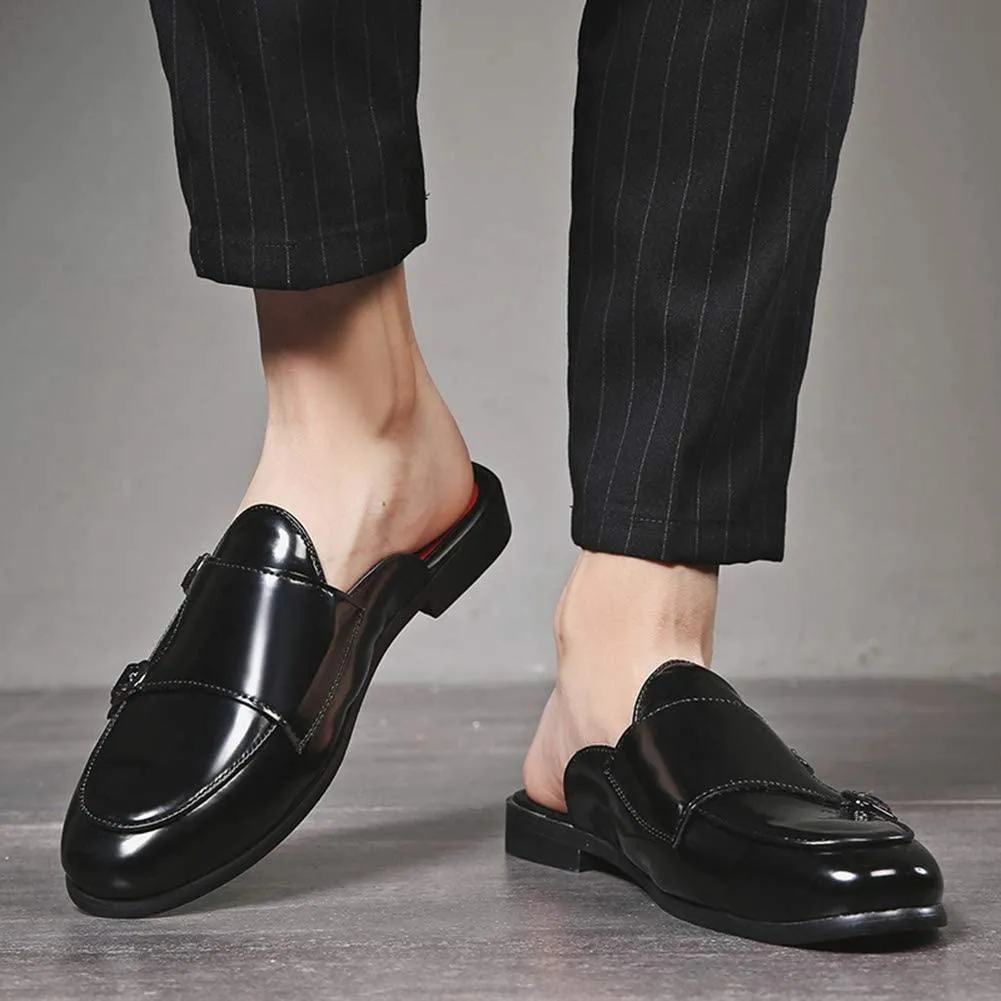 NXY Men's Mule Loafer Leather Backless Gold Buckle Casual Dress Slippers Flat Slip on Slide Penny Loafers Black