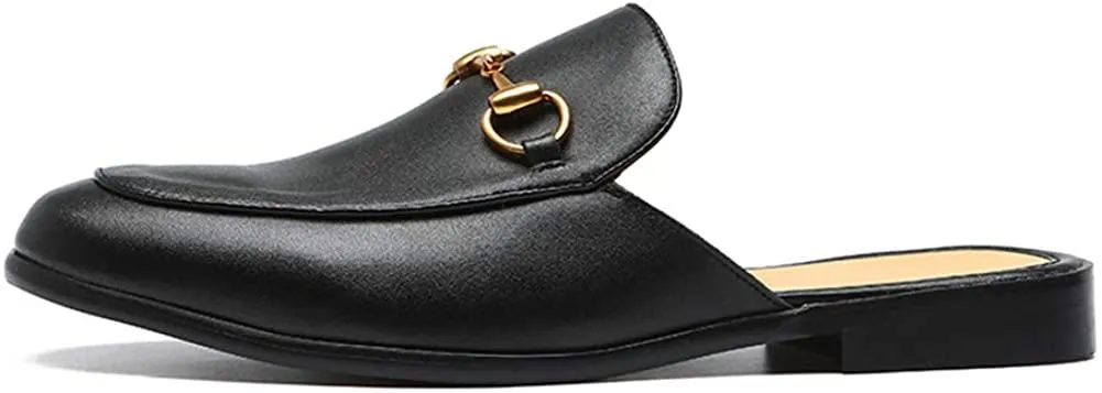 NXY Men's Mule Loafer Leather Backless Gold Buckle Casual Dress Slippers Flat Slip on Slide Penny Loafers Black