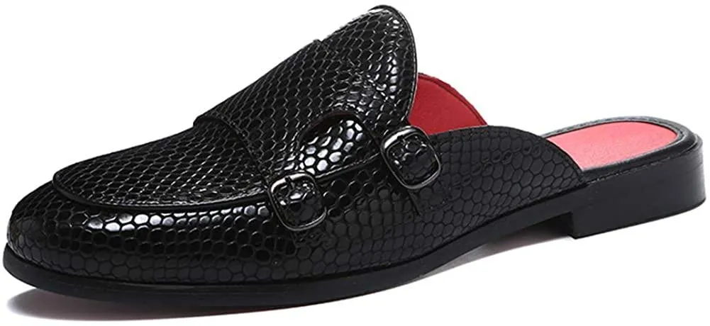 NXY Men's Mule Loafer Leather Backless Gold Buckle Casual Dress Slippers Flat Slip on Slide Penny Loafers Black