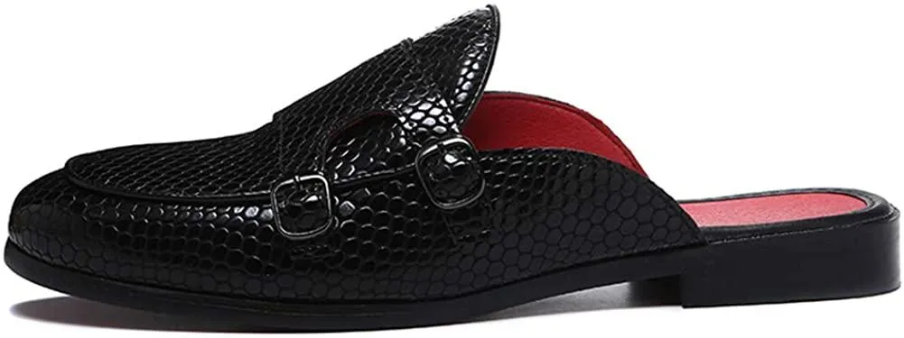 NXY Men's Mule Loafer Leather Backless Gold Buckle Casual Dress Slippers Flat Slip on Slide Penny Loafers Black