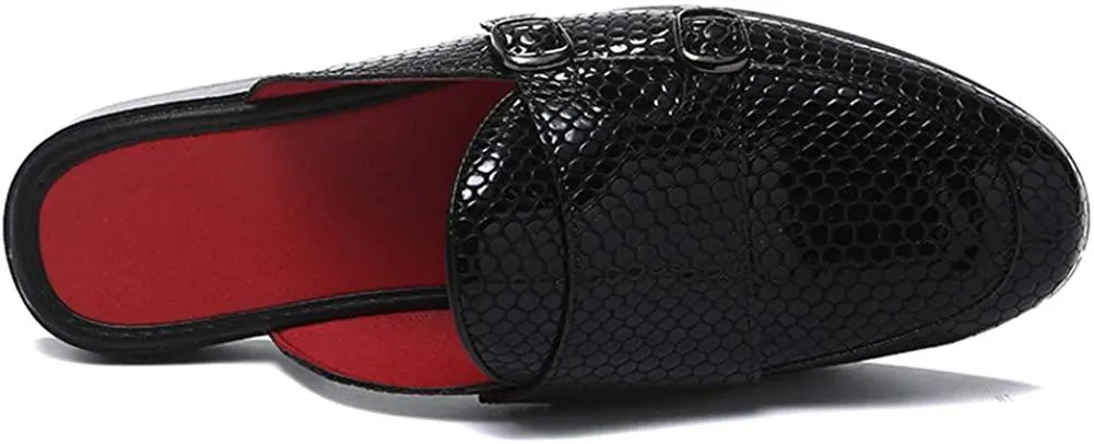 NXY Men's Mule Loafer Leather Backless Gold Buckle Casual Dress Slippers Flat Slip on Slide Penny Loafers Black