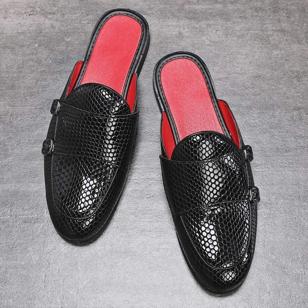 NXY Men's Mule Loafer Leather Backless Gold Buckle Casual Dress Slippers Flat Slip on Slide Penny Loafers Black