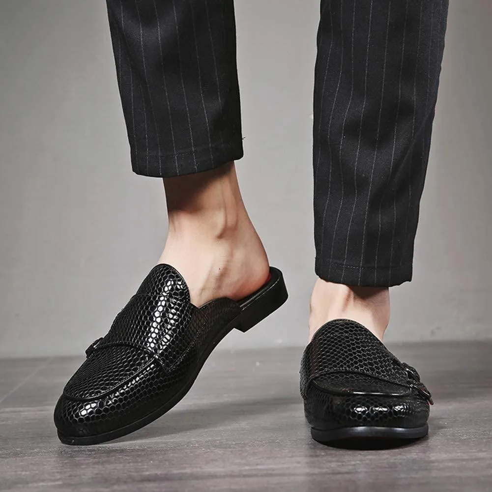 NXY Men's Mule Loafer Leather Backless Gold Buckle Casual Dress Slippers Flat Slip on Slide Penny Loafers Black