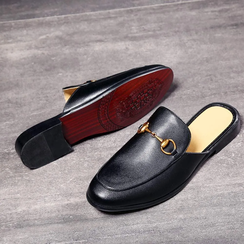 NXY Men's Mule Loafer Leather Backless Gold Buckle Casual Dress Slippers Flat Slip on Slide Penny Loafers Black