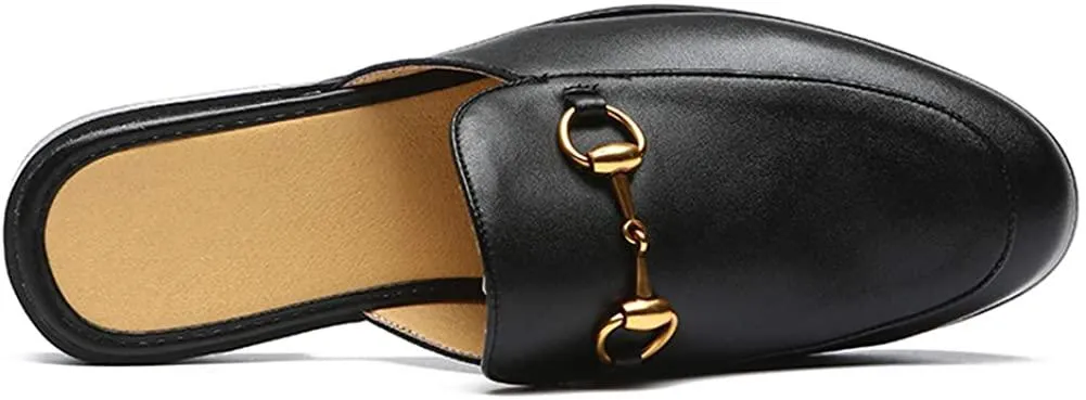 NXY Men's Mule Loafer Leather Backless Gold Buckle Casual Dress Slippers Flat Slip on Slide Penny Loafers Black