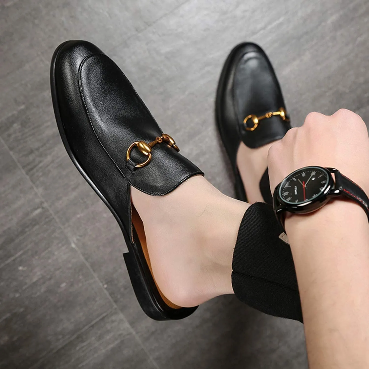 NXY Men's Slip-on Mule Loafer Leather Backless Casual Dress Slippers