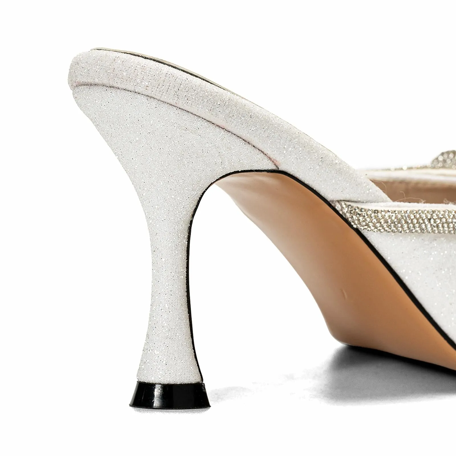Off White Glitter Rhinestone Double Bow Backless Pumps Pointed Toe Kitten Heel Mules