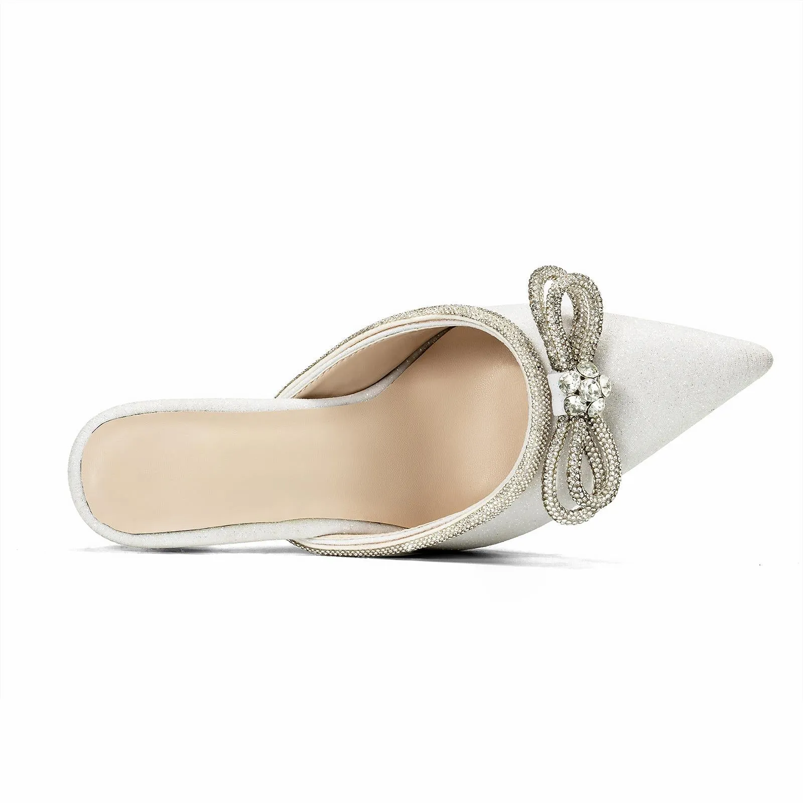 Off White Glitter Rhinestone Double Bow Backless Pumps Pointed Toe Kitten Heel Mules
