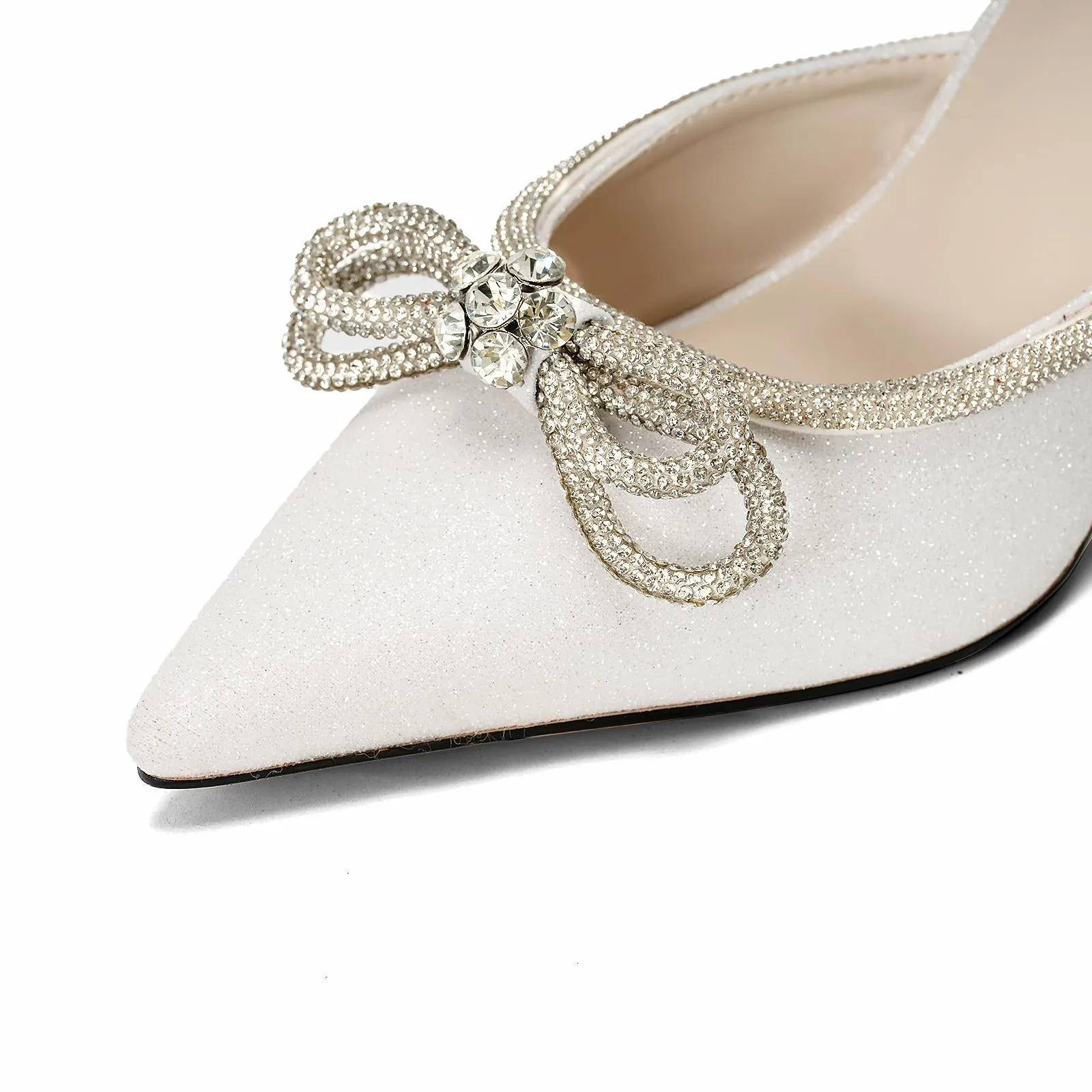 Off White Glitter Rhinestone Double Bow Backless Pumps Pointed Toe Kitten Heel Mules