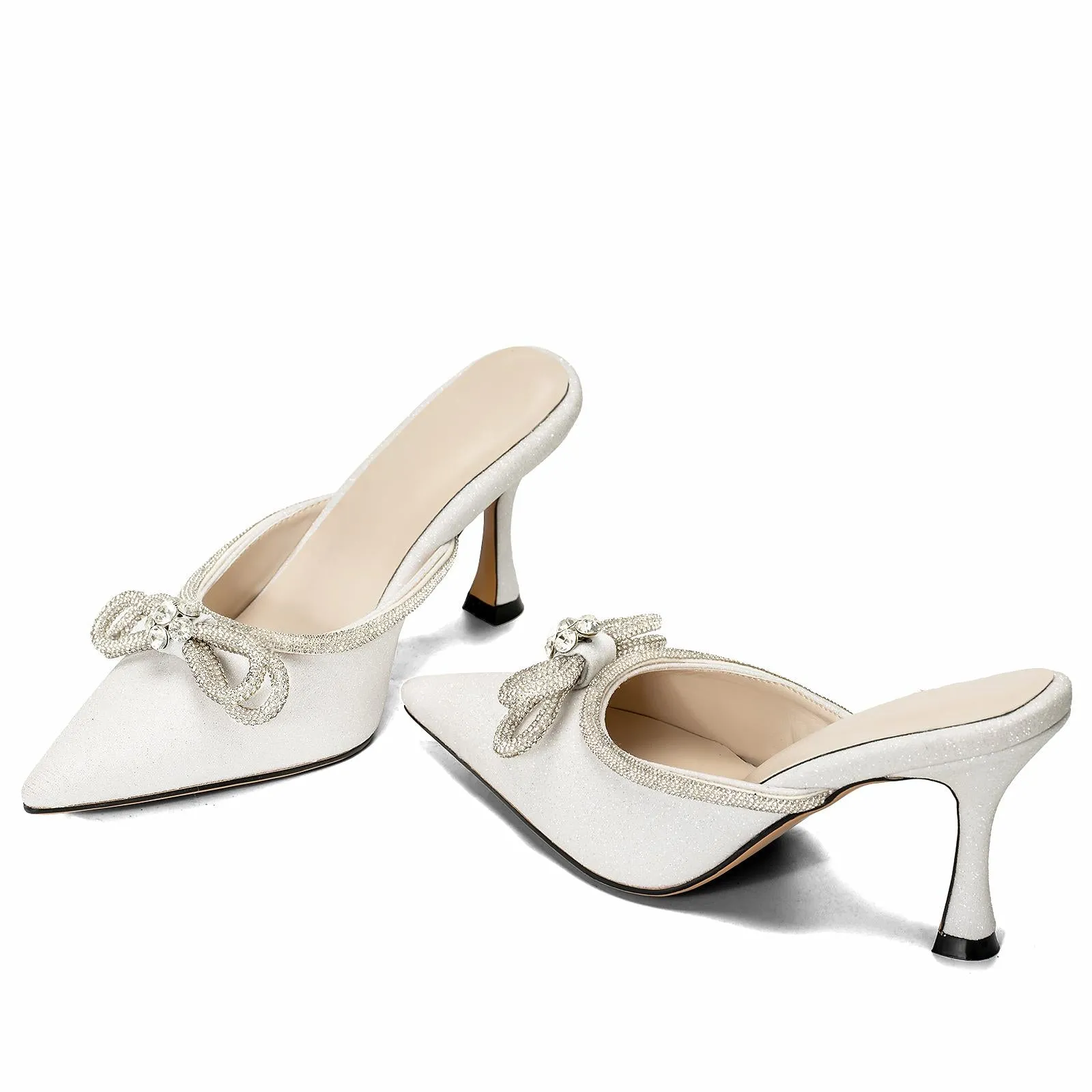 Off White Glitter Rhinestone Double Bow Backless Pumps Pointed Toe Kitten Heel Mules